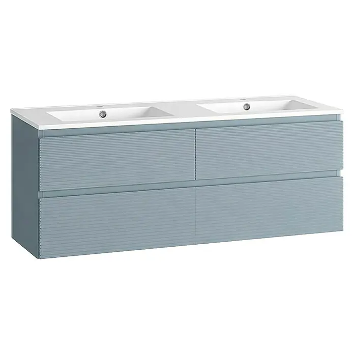 Mueble bajo de lavabo Cristal 2 senos - An x Pr x Al: 120 x 45 x 60 cm, Azul - Un elegante mueble de baño azul grisáceo con doble lavabo y cajones de rayas horizontales, perfecto para diseños de baño modernos.