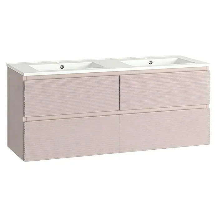 Mueble bajo de lavabo Cristal 2 senos - An x Pr x Al: 120 x 45 x 60 cm, Rosa - Un moderno mueble de baño con dos lavabos y cuatro cajones. El mueble destaca por su diseño sencillo y su aspecto elegante.