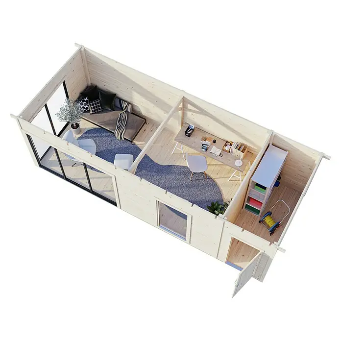 Palmako Gartenhaus Andrea - Außenmaß inkl. Dachüberstand (B x T): 779 x 404 cm, Holz, Natur unbehandelt, Inklusive 4 mm ESG Verglasung - Draufsicht des Gartenbüros aus Holz mit verschiedenen Räumen, Möbeln und natürlichem Licht. Ideal zum Arbeiten oder Entspannen.