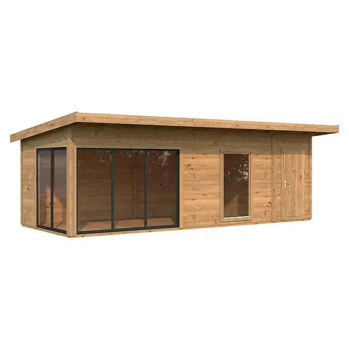 Palmako Gartenhaus Andrea - Außenmaß inkl. Dachüberstand (B x T): 779 x 404 cm, Holz, Hellbraun, Inklusive 4 mm ESG Verglasung - Abgebildet ist ein modernes Gartenhaus aus Holz mit großen Fensterfronten, ideal für entspannte Stunden im Grünen oder als stilvolles Büro.