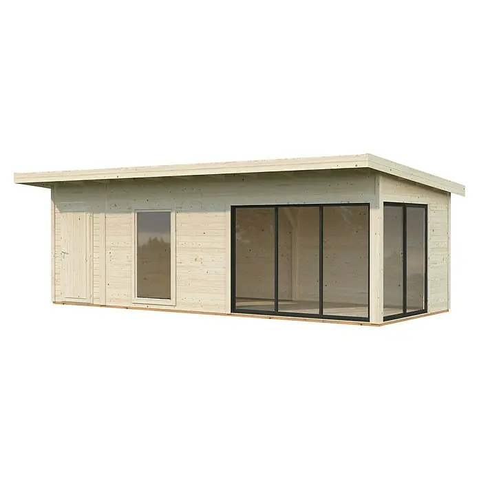 Palmako Gartenhaus Andrea - Außenmaß inkl. Dachüberstand (B x T): 779 x 404 cm, Holz, Natur unbehandelt, Inklusive 4 mm ESG Verglasung - Eine moderne, helle Gartenlaube aus Holz mit großen Glasfronten, die viel Licht hereinlassen und einen schönen Ausblick bieten. Ideal für den Garten.
