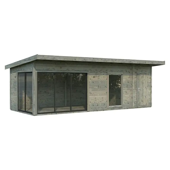 Palmako Gartenhaus Andrea - Außenmaß inkl. Dachüberstand (B x T): 779 x 404 cm, Holz, Grau, Inklusive 24 mm Doppelverglasung - Ein modernes Gartenhaus aus Holz mit großen Fensterfronten und einer Tür, ideal für den Garten oder als Büro.