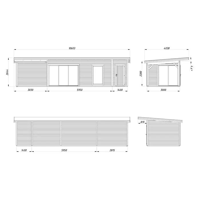Palmako Gartenhaus Andrea - Außenmaß inkl. Dachüberstand (B x T): 1.060 x 404 cm, Holz, Hellbraun, Inklusive Überdachung und 4 mm ESG Verglasung - Abbildung des Bauplans eines modernen Gartenhauses mit allen detaillierten Maßen für eine einfache Montage.
