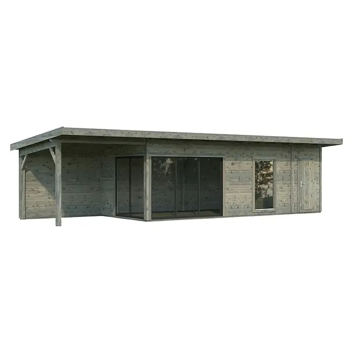 Palmako Gartenhaus Andrea - Außenmaß inkl. Dachüberstand (B x T): 1.060 x 404 cm, Holz, Grau, Inklusive Überdachung und 24 mm Doppelverglasung - Abbildung eines Holzgartenhauses mit überdachter Terrasse, großen Fenstern und einer Tür, ideal für Entspannung im Freien.