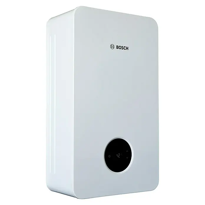 Bosch Calentador estanco T3600 - 20 kW, Caudal de agua: 11 l/min, Gas natural - Un calentador de agua Bosch blanco con panel de control digital redondo. Solución eficiente para agua caliente en casa.