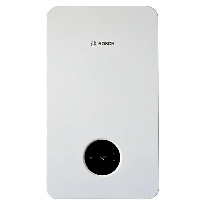 Bosch Calentador estanco T3600 - 20 kW, Caudal de agua: 11 l/min, Gas natural - Calentador de agua Bosch blanco con pantalla digital que muestra una temperatura de 42°C.