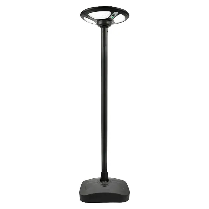 Garza Farola solar Icaro - Altura: 265,5 cm, Negro, IP54, Blanco cálido - Una moderna lámpara solar negra con un cabezal redondo y un soporte elegante. Perfecta para el jardín y espacios exteriores.
