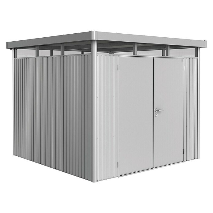 Biohort Gerätehaus HighLine (Silber Metallic, 2,75 x 2,75 x 2,22 m, Doppelflügeltür)