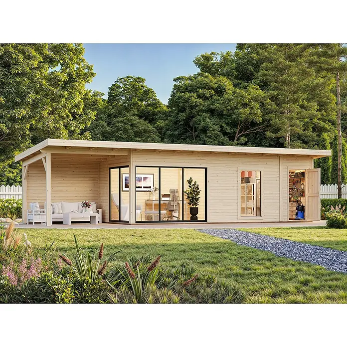 Palmako Gartenhaus Andrea - Außenmaß inkl. Dachüberstand (B x T): 1.060 x 404 cm, Holz, Natur, Inklusive Überdachung und 24 mm Doppelverglasung - Modernes Gartenhaus mit überdachter Terrasse, großen Fensterfronten und einer Werkstatt, eingebettet in eine grüne Gartenlandschaft.