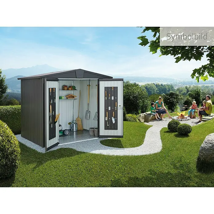 Biohort Europa Gerätehaus Gr. 7 - Außenbreite inkl. Dachüberstand: 316 cm, Außentiefe inkl. Dachüberstand: 300 cm, Stahl, Dunkelgrau Metallic - Abbildung eines Metall-Gartenschuppens mit geöffneten Türen und Werkzeugen, der eine praktische Aufbewahrungslösung im Garten bietet.