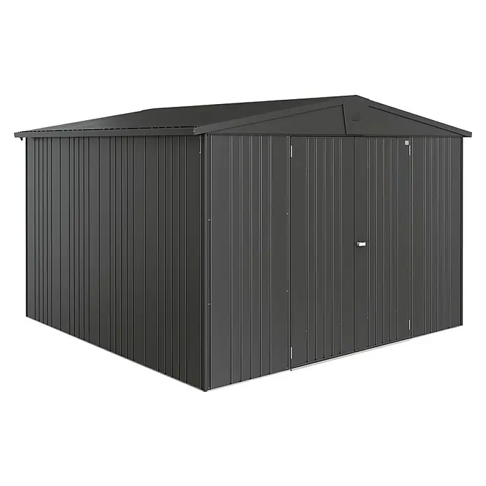 Biohort Europa Gerätehaus Gr. 7 - Außenbreite inkl. Dachüberstand: 316 cm, Außentiefe inkl. Dachüberstand: 300 cm, Stahl, Dunkelgrau Metallic - Dunkelgraues Metallgartenhaus mit Doppeltüren für die Aufbewahrung von Gartengeräten und -möbeln. Robust und wetterfest.
