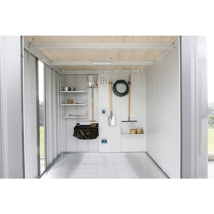 Biohort Neo Gerätehaus 1C (Außenbreite inkl. Dachüberstand: 292 cm, Außentiefe inkl. Dachüberstand: 180 cm, Stahl, Quarzgrau-Metallic, Doppeltür) | BAUHAUS
