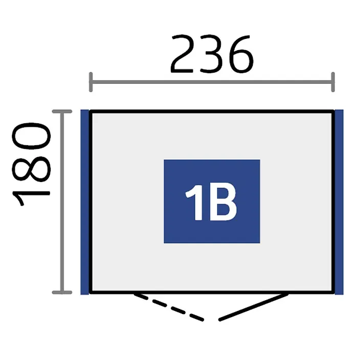 Biohort Neo Gerätehaus 1B - Außenmaß inkl. Dachüberstand (B x T): 236 x 180 cm, Stahl, Silber Metallic, Einzeltür - Grundrissplan des Apartments 1B mit den Maßen 236 x 180 cm.