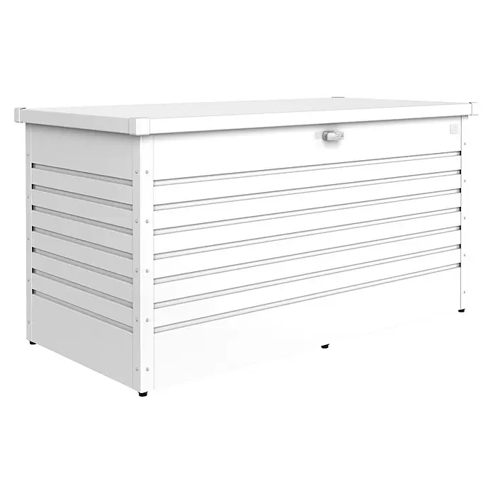 Biohort FreizeitBox Gartenbox 160 - L x B x H: 160 x 79 x 83 cm, Weiß, Stahl - Geräumige, weiße Outdoor-Aufbewahrungsbox zur sicheren und wetterfesten Lagerung von Gartenartikeln, Kissen und Spielzeug im Außenbereich.