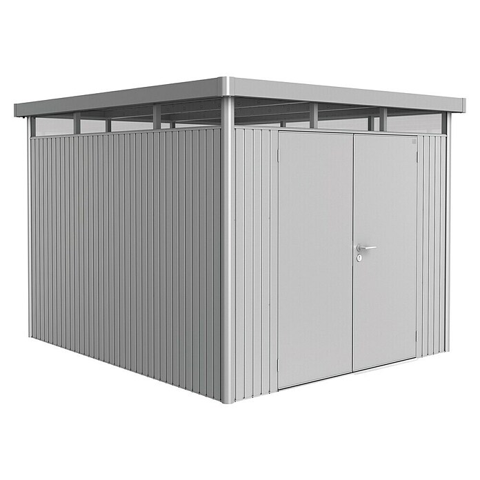 Biohort Gerätehaus HighLine (Silber Metallic, 3,15 x 2,75 x 2,22 m, Doppelflügeltür)
