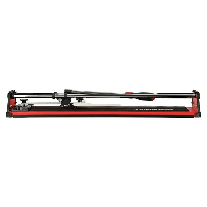 Alpha Tools Cortador manual de azulejos - Longitud de corte máx.: 600 mm, Espesor máx. de azulejo: 12 mm - La imagen muestra un cortador de azulejos de Alpha Tools, una herramienta roja y negra para cortar azulejos con precisión. Está diseñado para eficiencia.