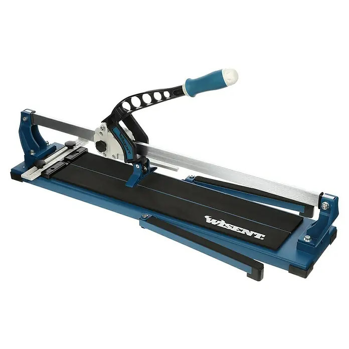 Wisent Profi Fliesenschneider - Max. Schnittlänge: 600 mm - Eine Fliesenschneidemaschine von Wisent mit blauem Griff und schwarzer Unterlage für präzise Schnitte. Ideal für Handwerker und Heimwerker.