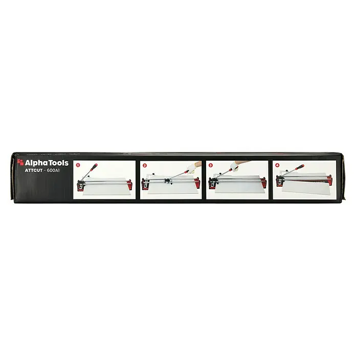 Alpha Tools Handfliesenschneider - Max. Schnittlänge: 600 mm, Max. Fliesenstärke: 12 mm - Abbildung der Alpha Tools ATT cut - 600A1 Fliesenschneider, die die Schritte zum Schneiden von Fliesen demonstriert.