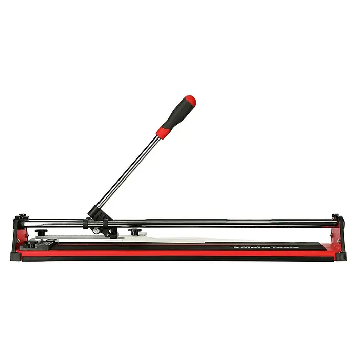 Alpha Tools Handfliesenschneider - Max. Schnittlänge: 600 mm, Max. Fliesenstärke: 12 mm - Eine Fliesenschneidemaschine mit rotem Griff und schwarzer Basis, ideal für präzise Fliesenzuschnitte.