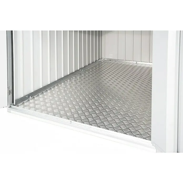 Biohort MiniGarage Bodenplatte MG GR. L - Passend für: Biohort MiniGarage Fahrradgarage L, Aluminium - Innenansicht eines Metallgartenhauses mit geriffelter Metallbodenplatte. Robust und langlebig für den Außenbereich.