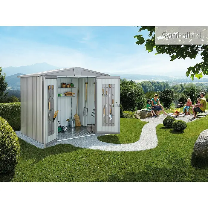 Biohort Europa Gerätehaus Gr. 3 - Außenbreite inkl. Dachüberstand: 244 cm, Außentiefe inkl. Dachüberstand: 156 cm, Stahl, Silber Metallic - Geräumiger Metall-Gartenschuppen mit geöffneten Türen, der eine Vielzahl von Gartengeräten und Zubehör präsentiert.