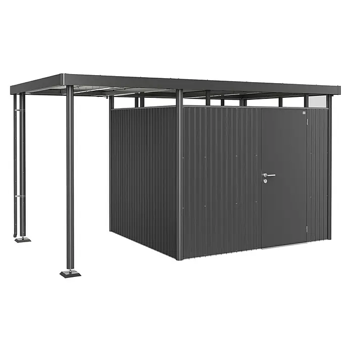 Biohort HighLine Seitendach GHH H3 Gr. S - Passend für: Biohort Highline Gerätehaus H3, Dunkelgrau-metallic - Das Bild zeigt ein modernes Gerätehaus aus Metall mit einem flachen Dach. Es ist in einer neutralen Farbe gehalten und hat eine abschließbare Tür.