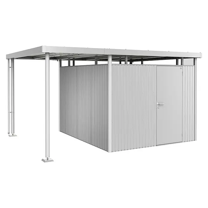 Biohort HighLine Seitendach GHH H5 GR. S - Passend für: Biohort Highline Gerätehaus H5 & H6, Silber-metallic - Das Bild zeigt einen modernen, silberfarbenen Fahrradunterstand mit abschließbarem Abstellraum. Ideal für sichere Fahrradaufbewahrung.
