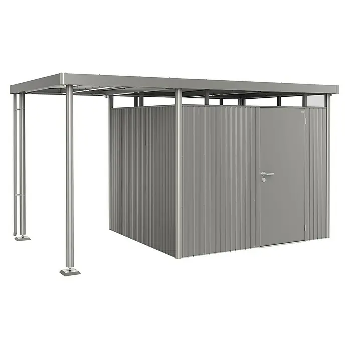 Biohort HighLine Seitendach GHH H3 GR. S - Passend für: Biohort Highline Gerätehaus H3, Quarzgrau-metallic - Ein moderner Gerätehaus mit Tür und Stahldach auf einem schwarzen Hintergrund, ideal für Gartenwerkzeuge und Zubehör.
