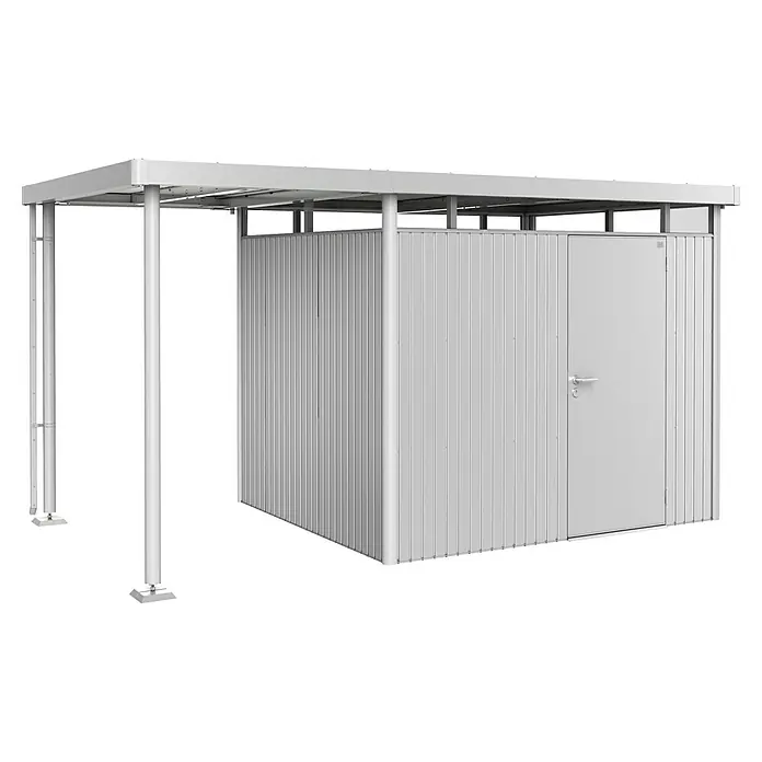 Biohort HighLine Seitendach GHH H3 GR. S - Passend für: Biohort Highline Gerätehaus H3, Silber-metallic - Ein freistehender, moderner Metall-Geräteschuppen in Silber unter einem Carport bietet Stauraum und Schutz vor Witterungseinflüssen für Gartengeräte.