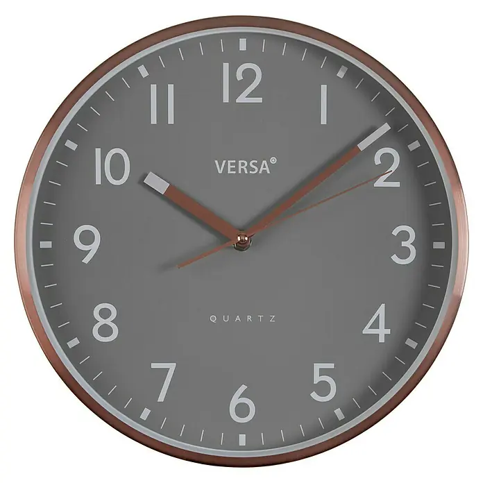 Versa Reloj de pared - Diámetro: 30 cm, Gris, Clásico - Elegante reloj de pared gris con marco en oro rosa y números grandes y fáciles de leer para la decoración del hogar.