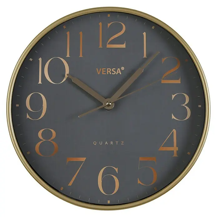 Versa Reloj de pared Gold numbers - Diámetro: 31 cm, Gris, Clásico - Elegante reloj de pared con marco dorado y superficie gris, un complemento elegante para la decoración de cualquier habitación.