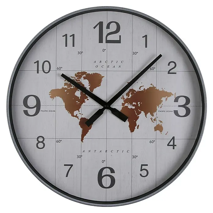 Versa Reloj de pared Mapa - Diámetro: 50,8 cm, Blanco, Clásico - Un reloj de pared redondo con un diseño de mapa mundial y números claros, ideal para una oficina o sala de estar.
