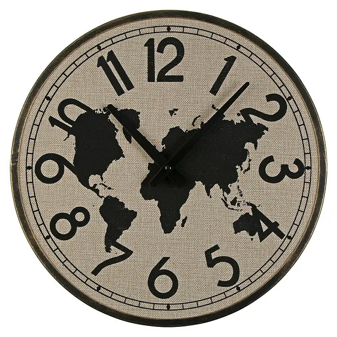 Versa Reloj de pared Mapa - Diámetro: 40 cm, Beige, Clásico - Un elegante reloj de pared con mapa mundial, números claros y manecillas negras sobre un fondo neutro. Perfecto para añadir acentos globales a cualquier habitación.