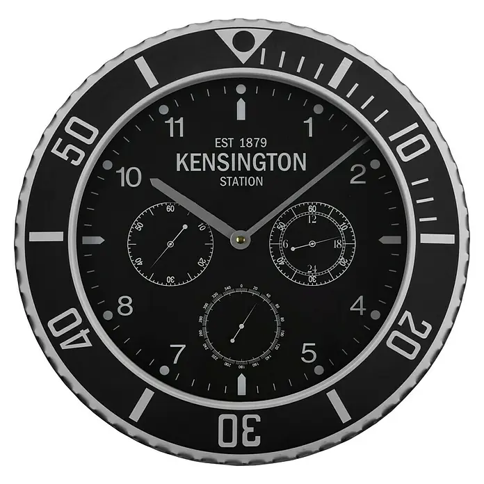 Versa Reloj de pared Bisel - Diámetro: 40 cm, Negro, Clásico - Primer plano de un reloj Kensington Station con esfera negra y detalles plateados.