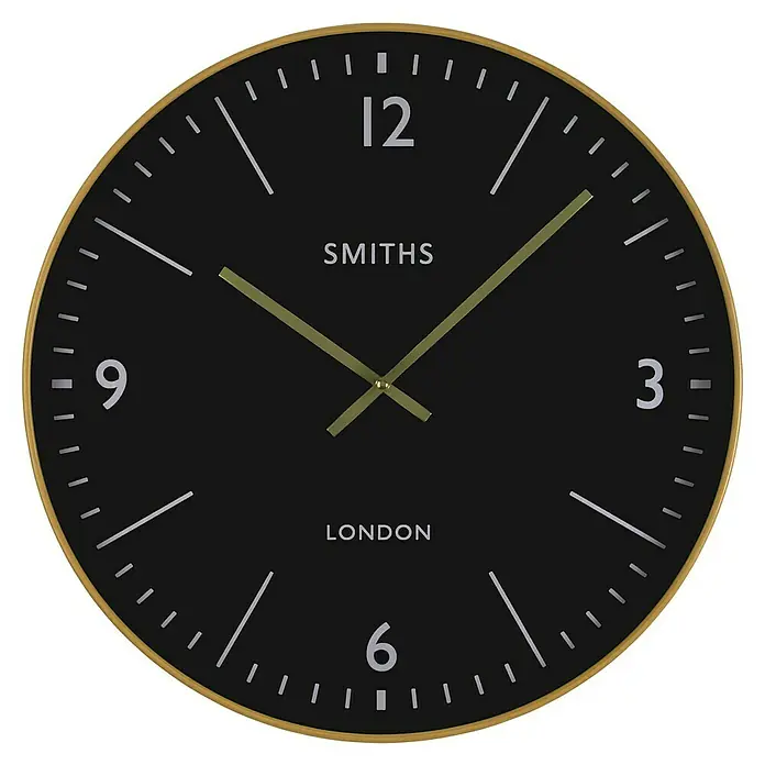 Versa Reloj de pared Smiths - Diámetro: 50,8 cm, Negro, Clásico - Elegante reloj de pared SMITH con diseño minimalista. El reloj presenta una esfera negra con detalles dorados y marcaciones precisas.