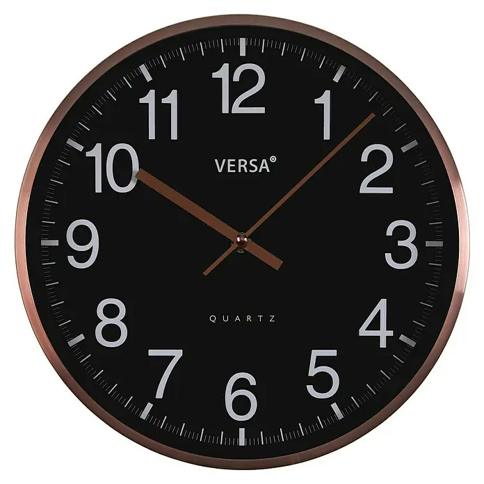 Versa Reloj de pared - Diámetro: 30 cm, Negro, Clásico - Reloj de pared de cuarzo negro con marco de oro rosa y números blancos fáciles de leer.