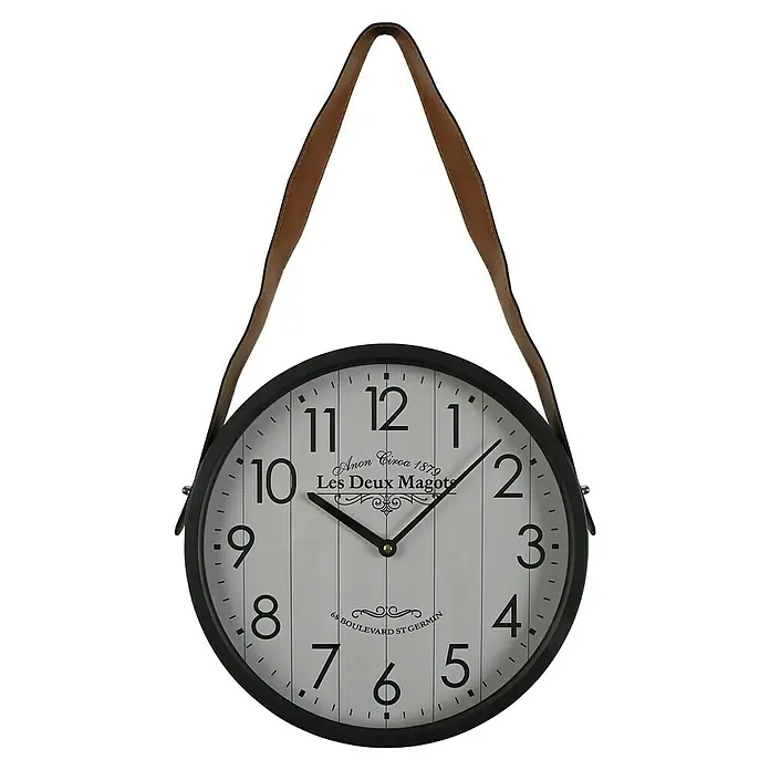 Versa Reloj de pared - Diámetro: 35 cm, Blanco/Negro, Clásico - Reloj de pared con correa de cuero e inscripción "Les Deux Magots". Un accesorio decorativo para el hogar de estilo vintage.