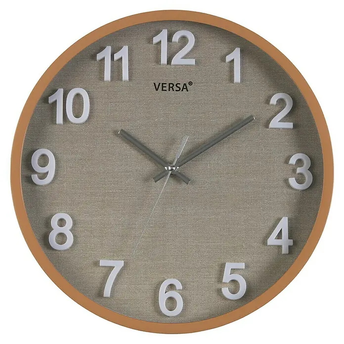 Versa Reloj de pared Vesta - Diámetro: 30 cm, Gris/Marrón, Clásico - Primer plano de un reloj de pared redondo con marco marrón, esfera con aspecto de lino y números blancos.