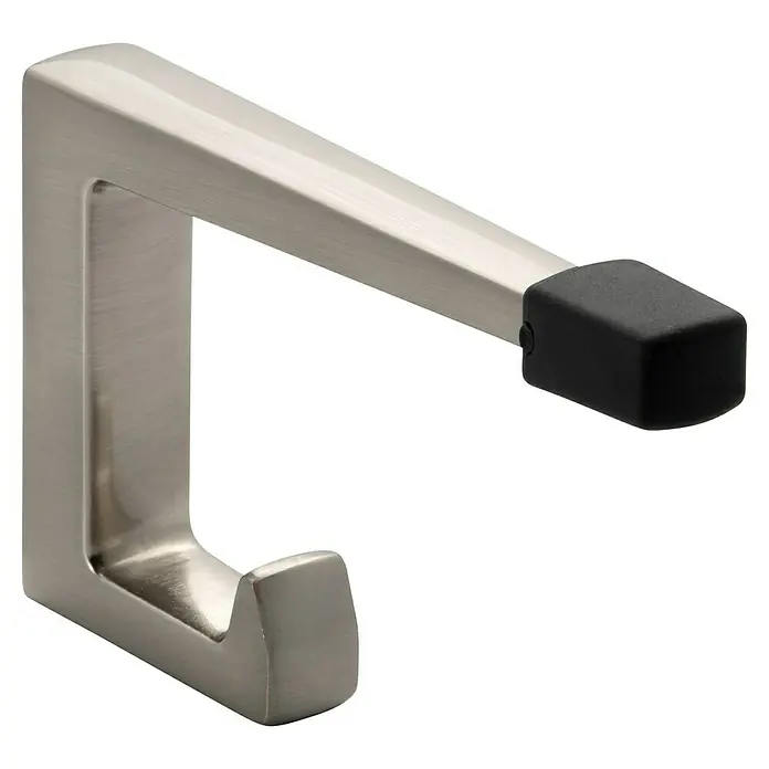 Siro Garderobenhaken - L x B x H: 15 x 64 x 100 mm, Anzahl Haken: 1 Stk. - Nahaufnahme eines modernen Handtuchhalters aus gebürstetem Nickel mit einem schwarzen Stopper am Ende.
