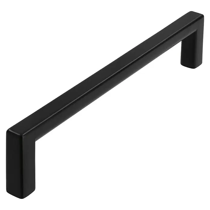 Siro Möbelgriff - Typ Möbelgriff: Bügel, L x B: 136 x 8 mm, Schwarz, Material Möbelgriff: Stahl - Nahaufnahme eines modernen, mattschwarzen Schrankgriffs mit einem schlichten, eckigen Design. Ideal für stilvolle Möbel.