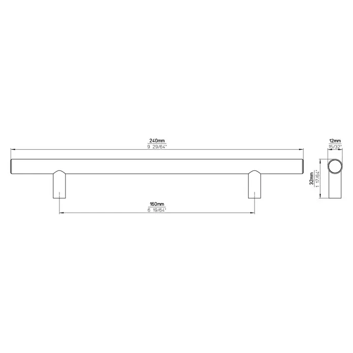 Siro Möbelgriff - Typ Möbelgriff: Stange, Sonstige, Sonstige, Länge: 240 mm - Abbildung eines Möbelgriffs mit Maßangaben, inklusive Länge (240mm), Breite (12mm) und Abstand der Befestigungspunkte (160mm).
