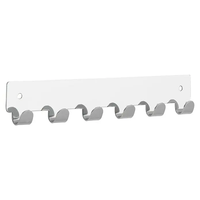 Siro Garderobenleiste 1603-240ZN1 - L x B x H: 240 x 41 x 16 mm, Anzahl Haken: 6 Stk., Verchromt poliert - Ein weißer Wandhalter mit mehreren Halterungen zur Aufbewahrung von Gegenständen, ideal für Werkstatt oder Garage. Praktisches Design für Ordnung.
