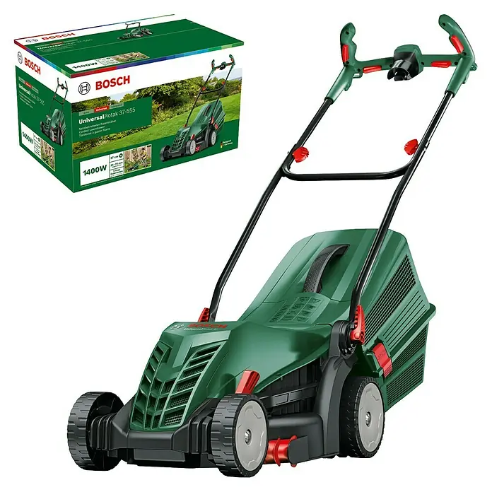 Bosch Universal Elektro-Rasenmäher UniversalRotak 37-570 - 1.400 W, Schnittbreite: 37 cm - Das Bild zeigt einen Bosch UniversalRotak 37-555 Rasenmäher, der für effizientes Rasenmähen mit 1400W Leistung sorgt.