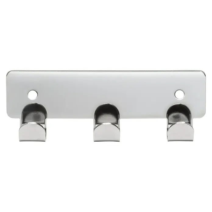 Siro Hakenleiste - L x H: 114 x 41 mm, Anzahl Haken: 3 Stk., Verchromt - Nahaufnahme einer dreifachen, verchromten Wandhakenleiste zur stilvollen Aufbewahrung von Gegenständen. Das Design ist modern und funktional.
