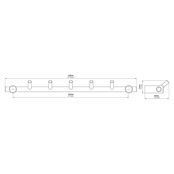 Siro Garderobenleiste 2312-320N1V - L x B x H: 320 x 31 x 59 mm, Anzahl Haken: 5 Stk. - Technische Zeichnung einer Wandgarderobe mit fünf Haken, inklusive Maßangaben in mm und Zoll.
