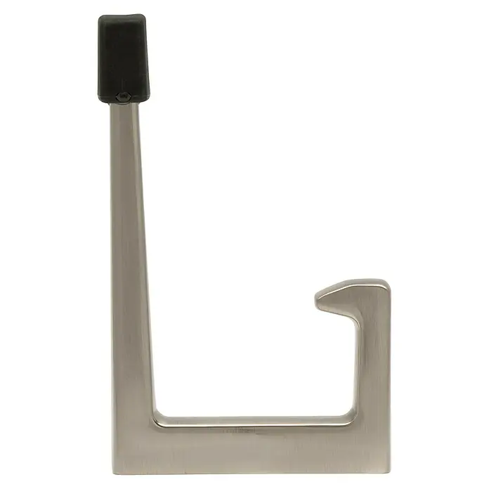 Siro Garderobenhaken - L x B x H: 15 x 64 x 100 mm, Anzahl Haken: 1 Stk. - Nahaufnahme einer stilvollen, satinierten Nickel-Türstopper-Wandhalterung mit einem schwarzen Gummi-Stoßdämpfer. Ideal für den modernen Wohnraum.
