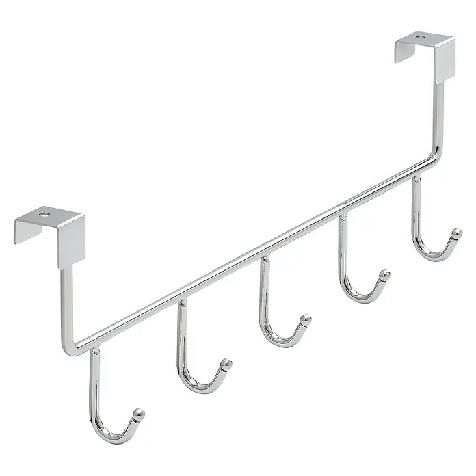 Siro Türgarderobe 2378 - L x H: 355 x 110 mm, Anzahl Haken: 5 Stk., Verchromt - Hier ist eine Nahaufnahme eines verchromten Türhängers mit fünf Haken. Ideal, um Kleidung und Accessoires ordentlich zu verstauen.