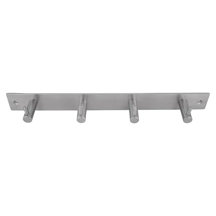 Siro Hakenleiste 1890 - L x H: 322 x 47 mm, Anzahl Haken: 4 Stk. - Eine silberne Kleiderstange mit vier Haken. Ideal für Jacken und Mäntel im Flur.