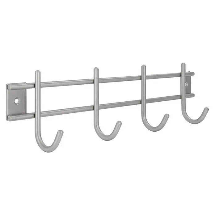 Siro Garderobenleiste 300N1V1E - L x B x H: 300 x 80 x 50 mm, Anzahl Haken: 4 Stk. - Eine silberne Hängeleiste mit mehreren Haken, ideal zum Aufhängen von Handtüchern, Jacken oder anderen Gegenständen. Die Hängeleiste ist aus Metall gefertigt.