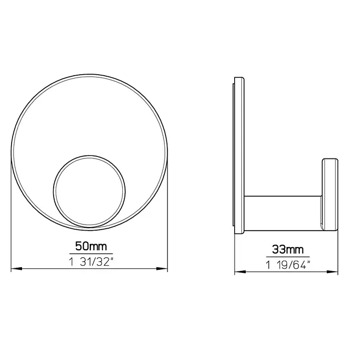 Siro Garderobenhaken 2335/ZN21KV1S - L x B x H: 50 x 50 x 33 mm, Anzahl Haken: 1 Stk., Metall, Edelstahl - Schema des runden Doppelmantelhakens mit Maßangaben.